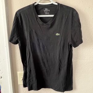 Lacoste Black V-Neck Tee with Green Crocodile